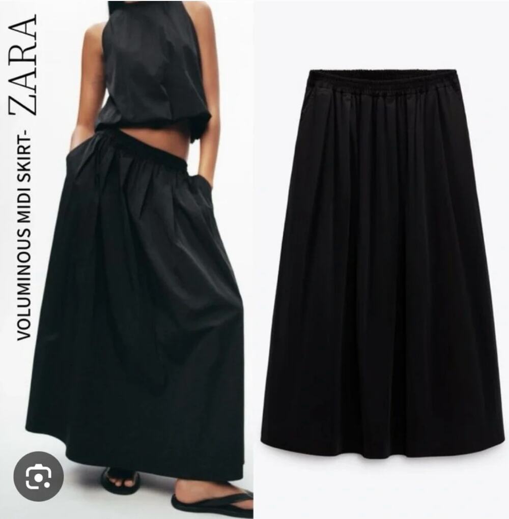 Zara Voluminous Midi Skirt Pleated Black Size M/L